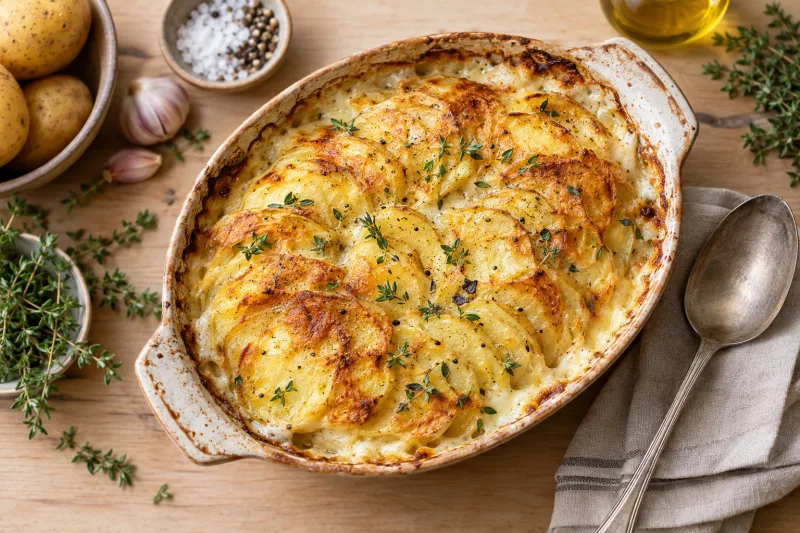 Veganer Gratin Dauphinois in einer Auflaufform, goldbraun überbacken, garniert mit frischem Thymian.
