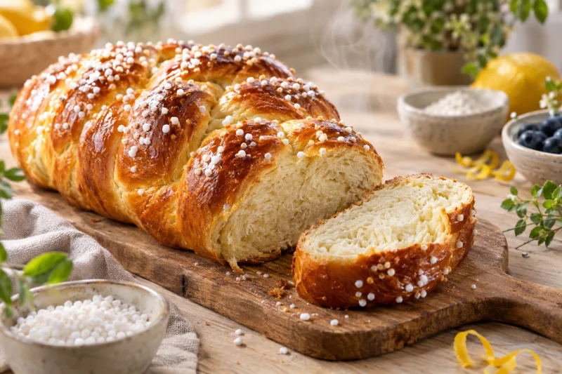 Veganer Hefezopf mit goldbrauner Kruste, bestreut mit Hagelzucker, auf einem Holzbrett, daneben eine Tasse Kaffee.