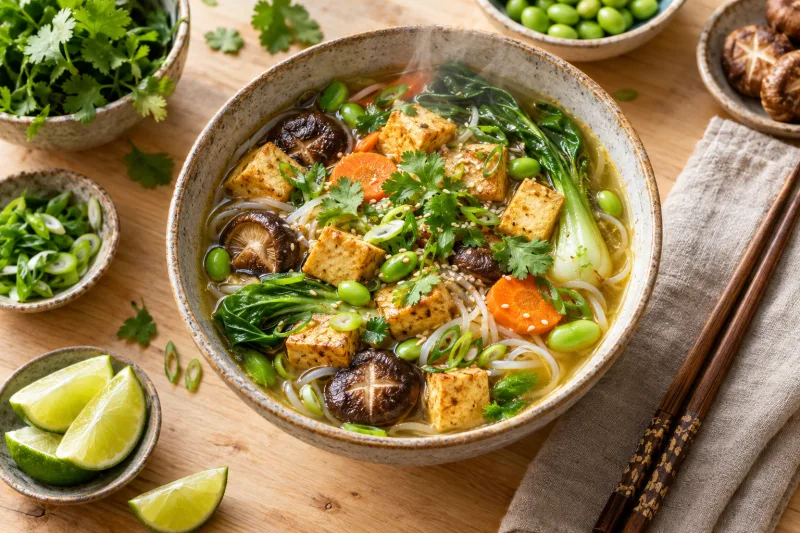 Dampfender veganer Hot Pot mit Tofu, Pilzen, Pak Choi und Reisnudeln in einer Schüssel, garniert mit Koriander und Frühlingszwiebeln