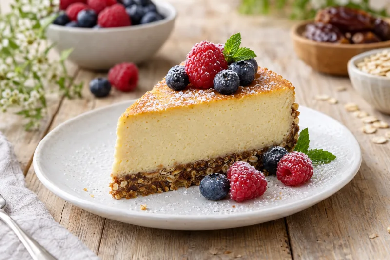 Veganer Käsekuchen mit goldgelber Oberfläche, angeschnitten auf einem Teller, dekoriert mit frischen Beeren und Puderzucker.