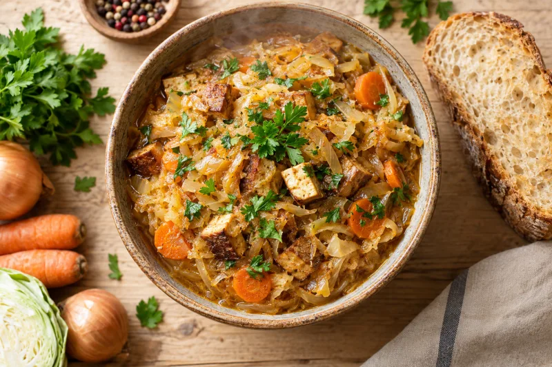 Veganer Kapusta Kiszona Eintopf in einer rustikalen Schüssel, dampfend, garniert mit frischer Petersilie, daneben eine Scheibe Brot.