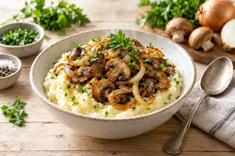 Cremiger veganer Kartoffelbrei mit gebratenen Champignons und Zwiebeln, garniert mit Petersilie