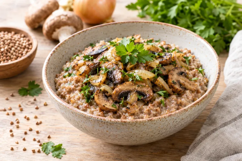 Cremiger veganer Buchweizenbrei mit gebratenen Pilzen und Zwiebeln in einer rustikalen Schüssel, garniert mit frischer Petersilie