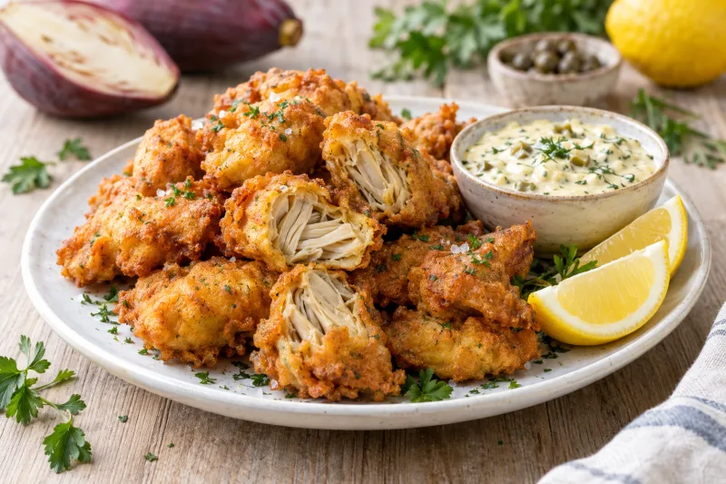Veganer Kibbeling mit goldbrauner Panade auf einem Teller mit Remoulade und Zitronenspalten