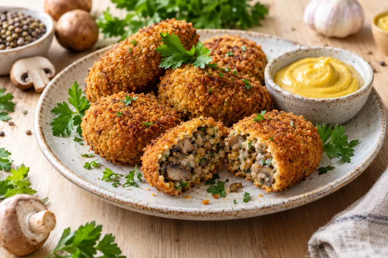 Vegane Kroketten auf einem Teller mit Senf, goldbraun und knusprig