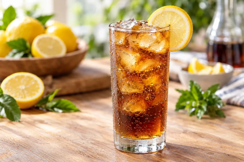 Veganer Long Island Iced Tea in einem hohen Glas mit Eiswürfeln, Zitronenscheibe und dunkler Cola