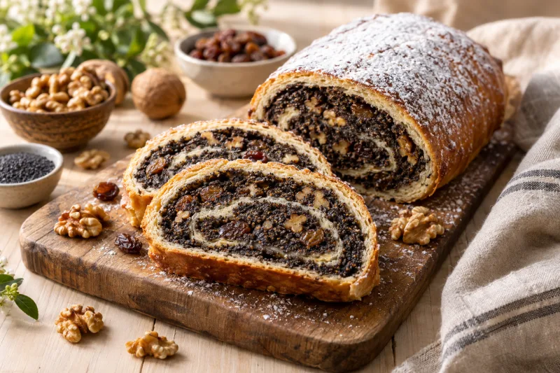Veganer Makowiec mit sichtbarer Mohnfüllung, auf einer Holzplatte liegend, mit Puderzucker bestäubt und einigen Walnüssen dekoriert.