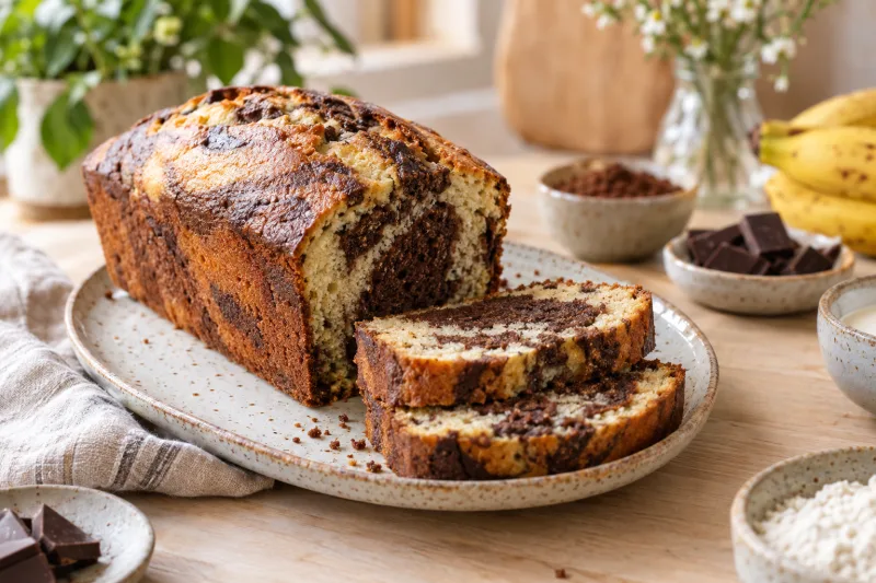 Saftiger veganer Marmorkuchen mit sichtbarer Marmorierung, auf einem Kuchenteller angerichtet