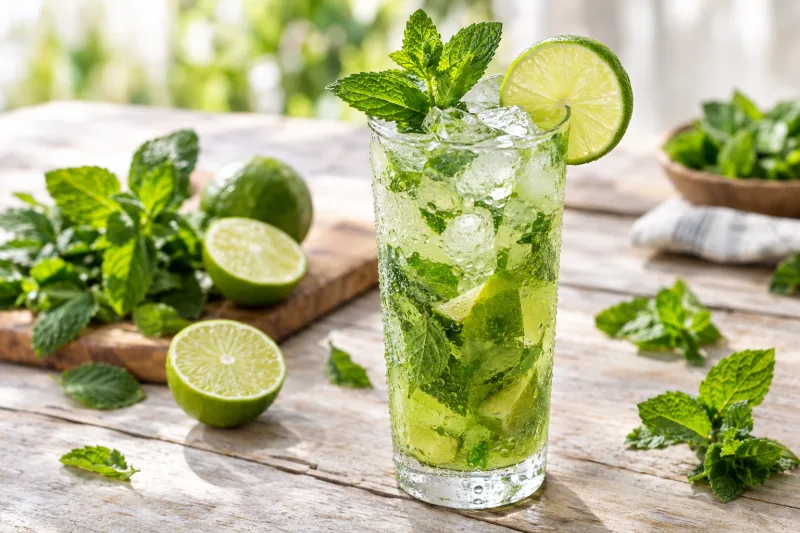 Veganer Mojito im Highball-Glas mit Eiswürfeln, frischer Minze und Limettenspalten, daneben Limetten und Minzblätter auf Holztisch.