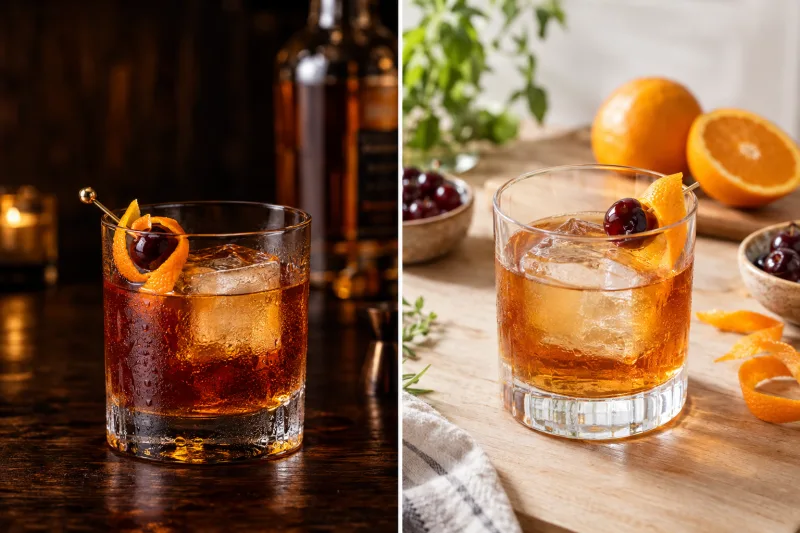 Veganer Old Fashioned Cocktail im Tumbler mit großer Orangenzeste und Eiswürfel auf dunklem Holztisch
