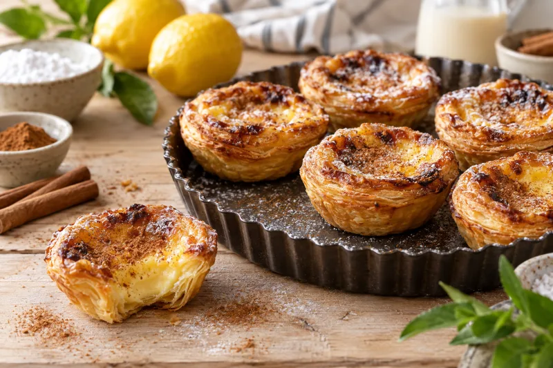 Vegane Pastel de Nata in einer Backform, goldbraun gebacken, mit Zimt und Puderzucker bestäubt