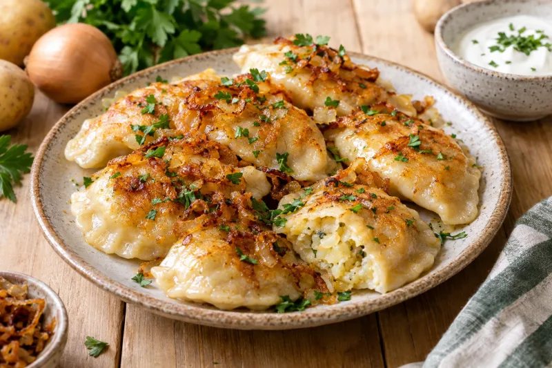 Vegane Pierogi Ruskie auf Teller mit Röstzwiebeln und Petersilie