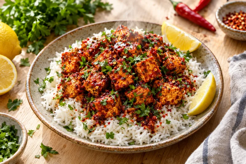 Veganer Piri-Piri-Tofu, glasiert in roter Chilisauce, serviert mit Reis, Petersilie und Zitronenspalten