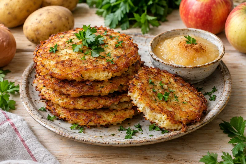 Vegane Placki Ziemniaczane mit Apfelmus und Petersilie auf einem Teller