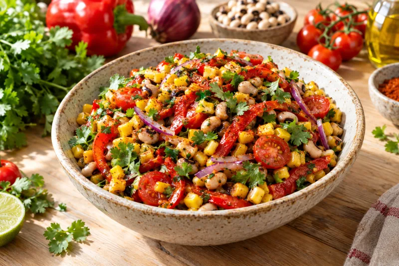 Veganer portugiesischer Maissalat mit Bohnen, gerösteter Paprika und Koriander in einer Schüssel