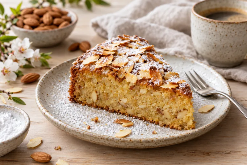 Veganer portugiesischer Mandelkuchen mit Puderzucker und gehobelten Mandeln auf einem Teller