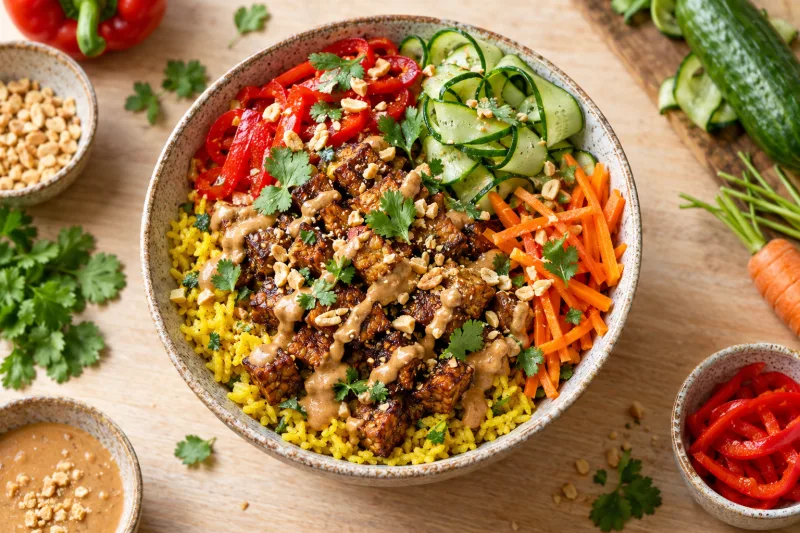Vegane Rijsttafel Bowl mit gelbem Reis, gebratenem Tempeh, Erdnusssauce und eingelegtem Gemüse in Schalen