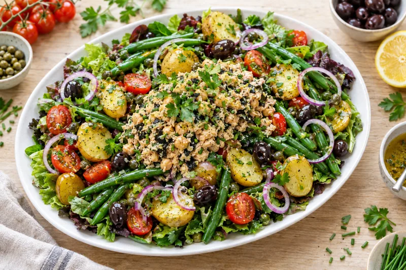 Veganer Salade Niçoise mit Kichererbsen-Thunfisch, grünen Bohnen, Kartoffeln, Tomaten und Oliven auf weißem Teller