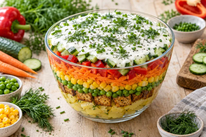 Veganer Schichtsalat in Glasschüssel mit Kartoffeln, Gemüse und cremigem Dressing, garniert mit Kräutern