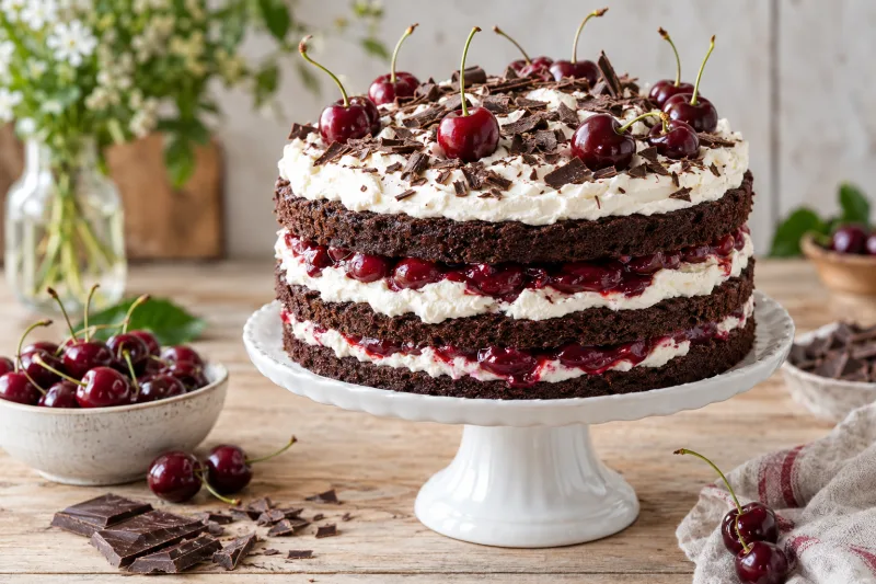 Veganer Schwarzwälder Kirschkuchen mit Schokoboden, Kirschen und Sahne, dekoriert mit Schokoraspeln auf einer Tortenplatte.