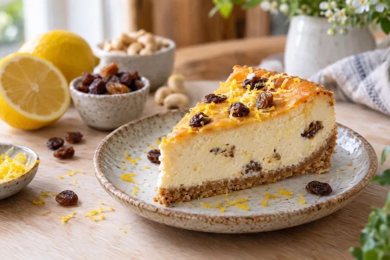Veganes Sernik-Käsekuchenstück mit cremiger Tofu-Cashew-Füllung und Rosinen auf einem Teller, goldgelbe Oberfläche