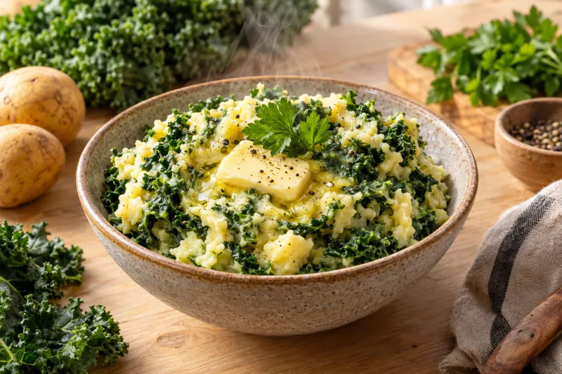 Veganer Stamppot mit gestampften Kartoffeln und Grünkohl in einer Schüssel, garniert mit Pfeffer und veganer Butter