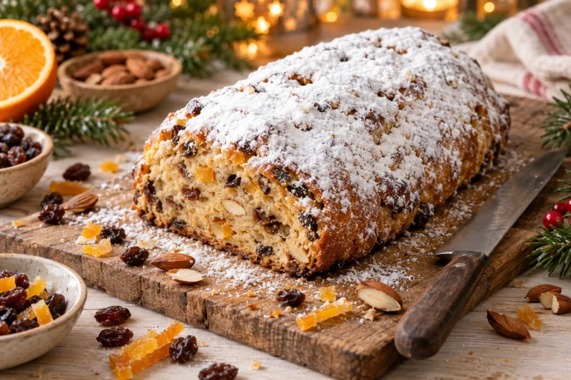 Veganer Stollen mit Puderzucker bestäubt auf einem Holzbrett, daneben Rosinen und Mandeln