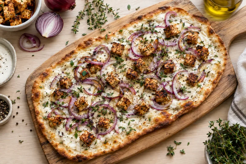 Veganer Tarte Flambée mit geräuchertem Tofu, roten Zwiebeln und Thymian auf Backpapier