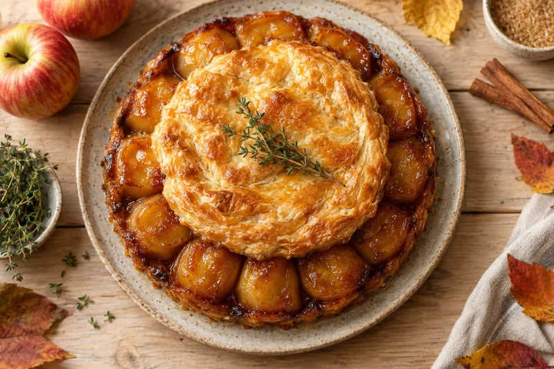 Vegane Tarte Tatin mit goldbraun karamellisierten Äpfeln und knusprigem Blätterteig auf einem Teller
