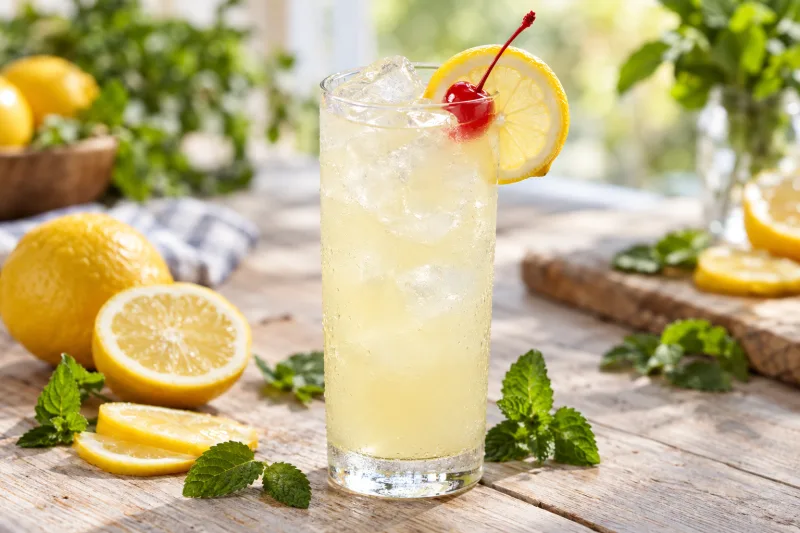 Veganer Tom Collins in einem hohen Glas mit Eis, Zitronenscheibe und Kirsche, auf einem Holztisch, dahinter eine Zitrone und Gin-Flasche