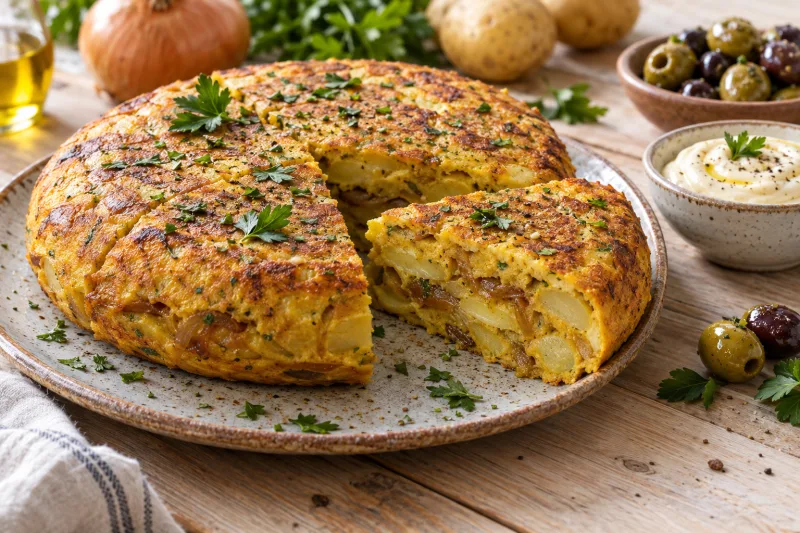 Vegane Tortilla Espanola mit goldbrauner Kruste, Kartoffelscheiben und Zwiebeln auf einem Teller