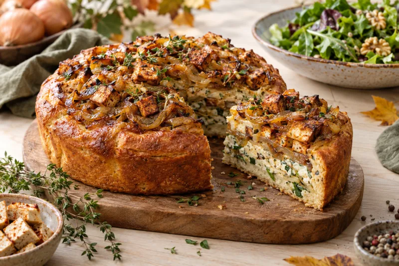 Veganer Zwiebelkuchen mit goldbrauner Kruste, sichtbaren Zwiebelringen und Tofuwürfeln auf einem Holzbrett, daneben ein grüner Salat.