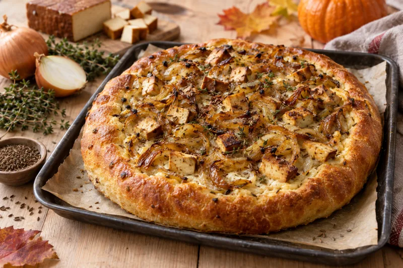 Veganer Zwiebelkuchen auf einem Teller, daneben frische Zwiebeln und Kümmel