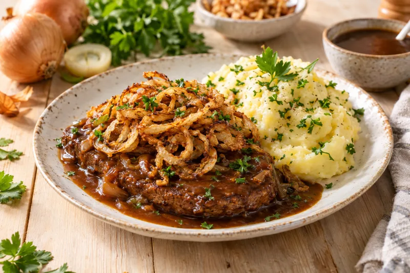 Zwiebelrostbraten vegan mit knusprigen Röstzwiebeln, dunkler Sauce und Kartoffelpüree auf weißem Teller.