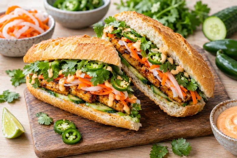 Veganes Banh Mi Sandwich mit knusprigem Tofu, eingelegtem Gemüse und frischem Koriander auf einem Teller