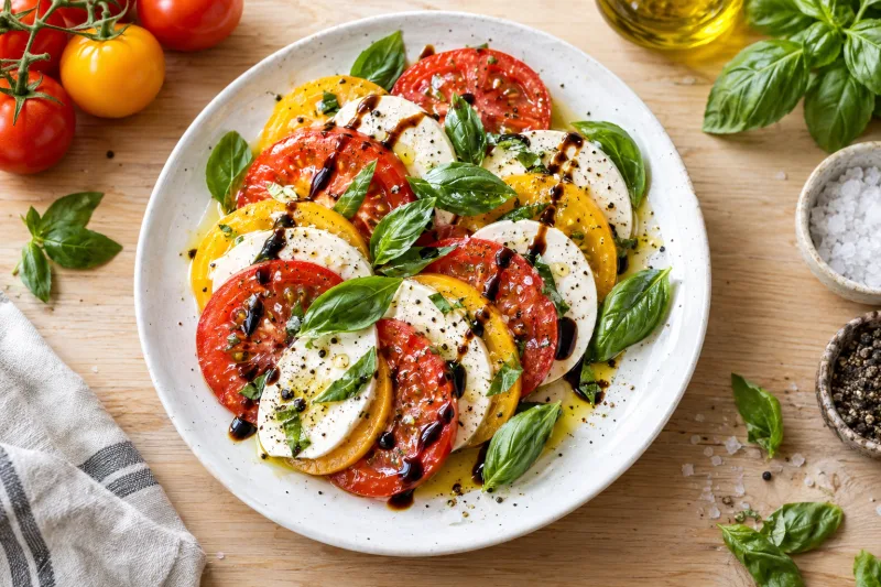Veganer Caprese-Salat mit Tomaten, Basilikum und Cashew-Mozzarella auf weißem Teller, beträufelt mit Balsamico-Glasur