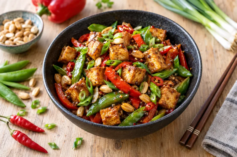 Veganes Kung Pao mit knusprigem Tofu, Paprika, Zuckerschoten und Erdnüssen in einer Schüssel, garniert mit Frühlingszwiebeln.
