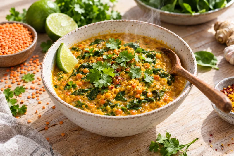 Dampfendes veganes Linsen-Kokos-Curry mit Spinat in einer weißen Schüssel, garniert mit frischem Koriander und Limettenspalten.