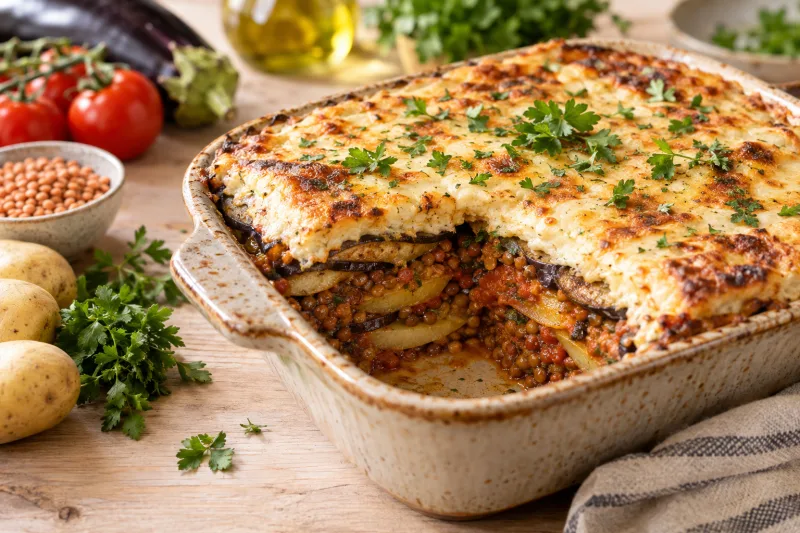 Veganes Moussaka in einer Auflaufform mit goldbrauner Béchamelkruste, garniert mit frischer Petersilie