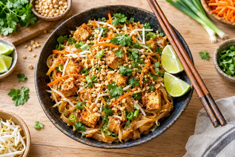 Veganes Pad Thai mit Tofu, Erdnüssen und Limette in einer Schüssel