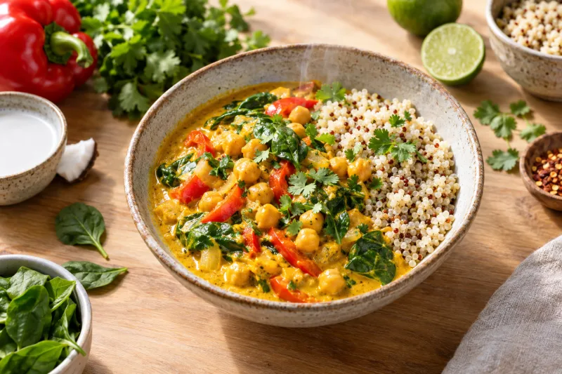 Veganes Quinoa-Kokos-Curry mit Kichererbsen in einer Schüssel, garniert mit Koriander
