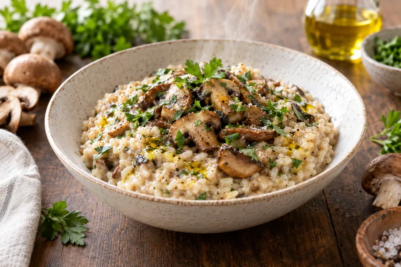 Veganes Pilzrisotto in einer weißen Schüssel, garniert mit frischer Petersilie und zerstoßenem Pfeffer
