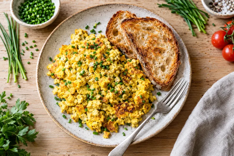 Veganes Rührei aus Tofu mit Kurkuma, garniert mit Schnittlauch, serviert auf getoastetem Brot