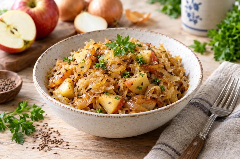 Veganes geschmortes Sauerkraut mit Apfelstücken in einer weißen Schüssel, garniert mit frischer Petersilie