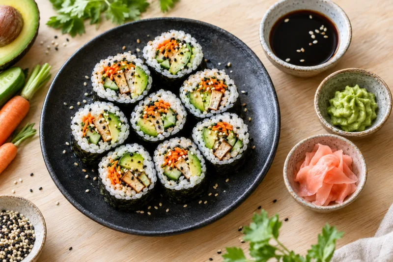 Veganes Sushi auf schwarzem Teller, garniert mit Sesam, Ingwer und Wasabi, daneben Stäbchen