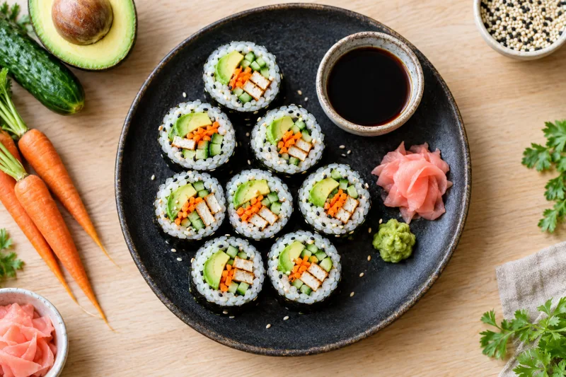 Vegane Sushi-Rollen mit Avocado, Räuchertofu und Gemüse, auf einem Teller angerichtet