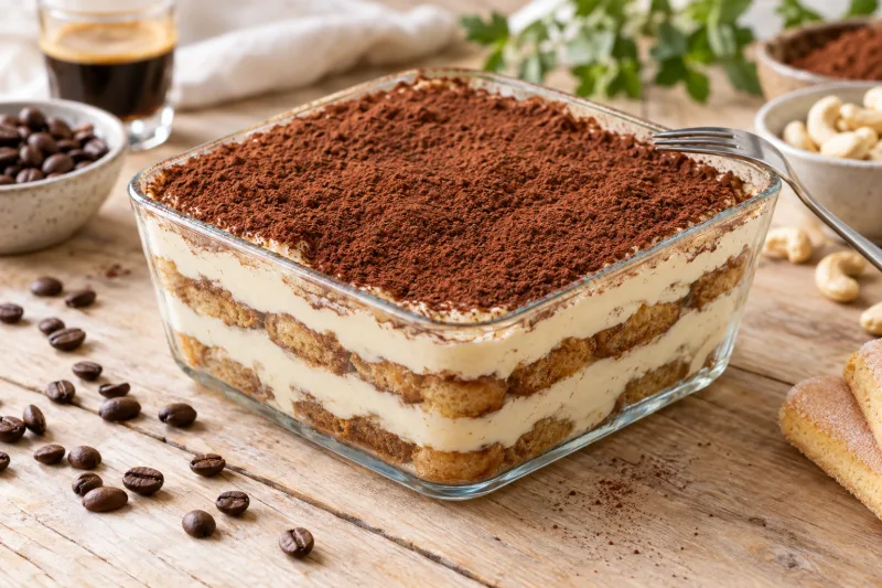 Veganes Tiramisu in einer Glasform mit Kakaopulver bestäubt und einer Gabel daneben