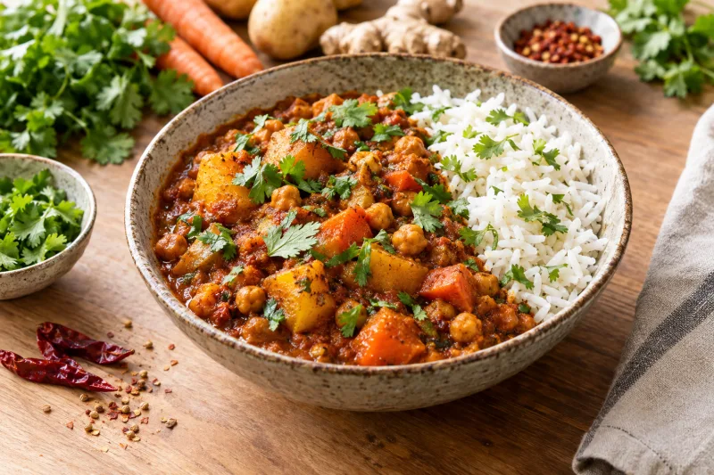 Veganes Vindaloo Curry mit Kartoffeln, Kichererbsen und Reis in einer Schüssel