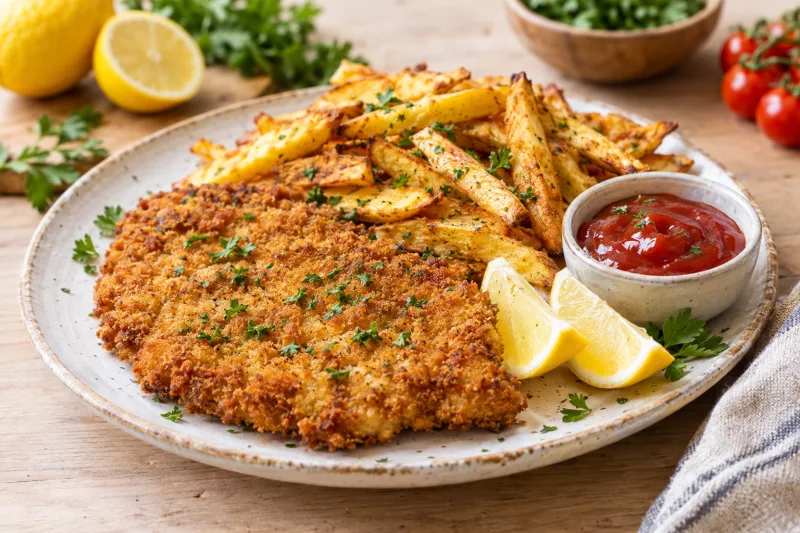 Veganes Wiener Schnitzel mit Pommes auf einem Teller, garniert mit Zitronenspalten und Petersilie