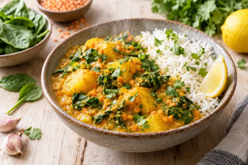 Würziges Kartoffelcurry mit roten Linsen und Kokosmilch in einer Schüssel, garniert mit frischem Spinat und Koriander.